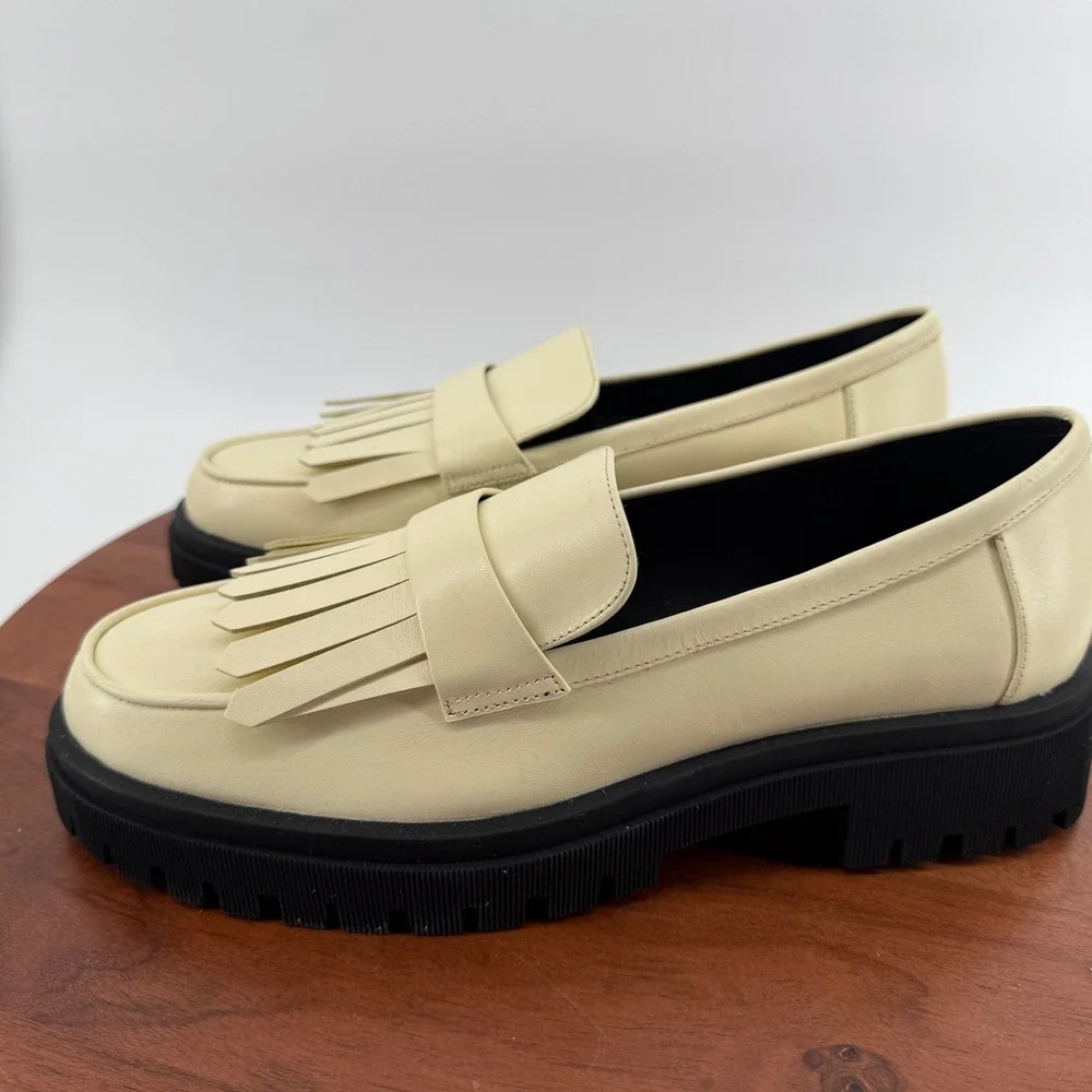 Sydney Silverman X Gianni Bini Cream Leather Kiltie Fringe Lug Sole Loafers 9.5M